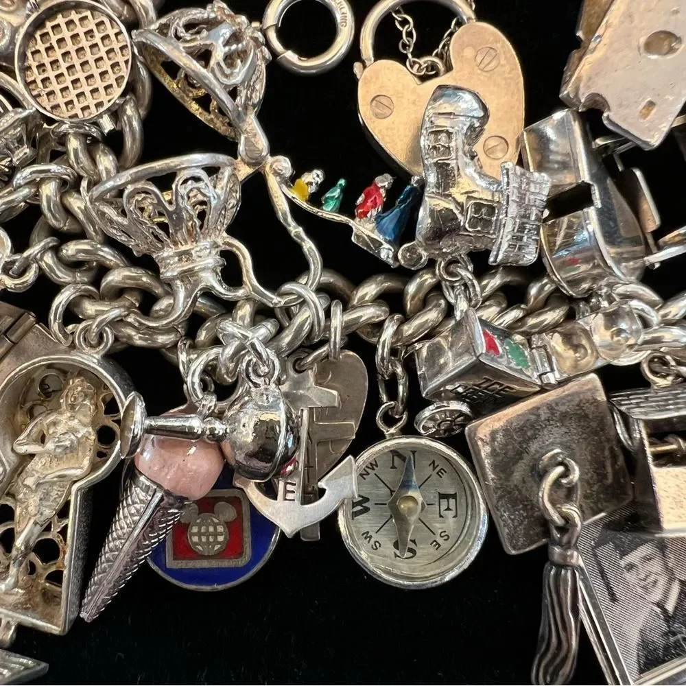 VINTAGE CHARM BRACELET HEART LOCKET TRAVEL 60s 70s STERLING SILVER 925 124G EVC